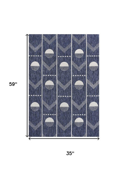 3' X 5' Navy Blue And Cream Geometric Indoor Outdoor Area Rug HomeRoots