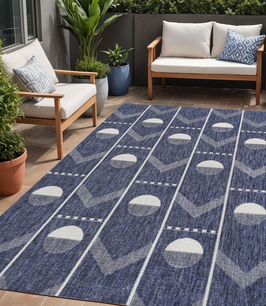 5' X 8' Navy Blue And Cream Geometric Indoor Outdoor Area Rug — view 5