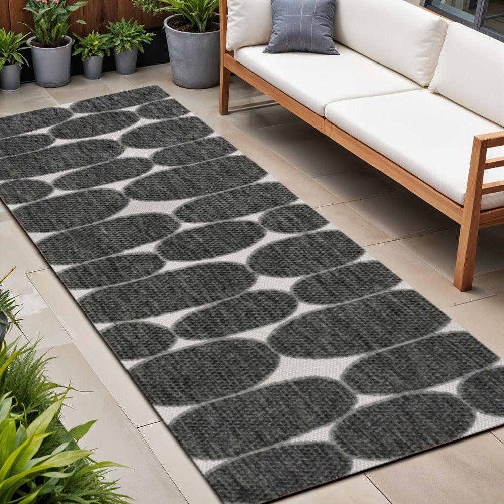 8' Black And Cream Geometric Indoor Outdoor Runner Rug HomeRoots