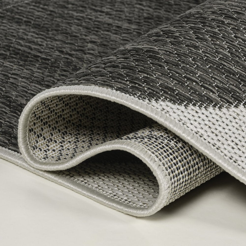 8' Black And Cream Geometric Indoor Outdoor Runner Rug