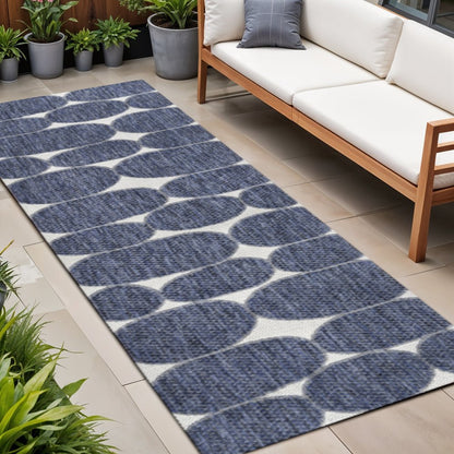 8' Navy Blue And Cream Geometric Indoor Outdoor Runner Rug HomeRoots