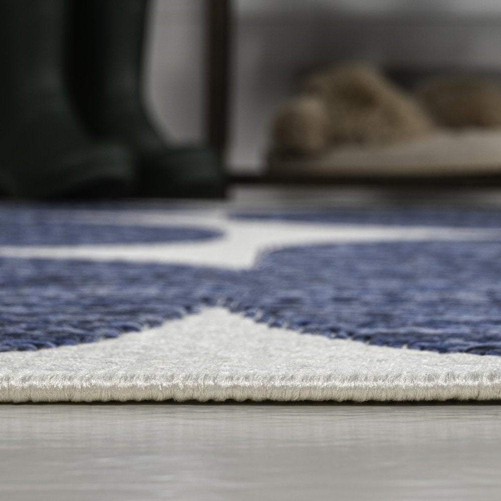 8' Navy Blue And Cream Geometric Indoor Outdoor Runner Rug HomeRoots