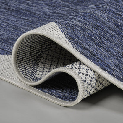 8' Navy Blue And Cream Geometric Indoor Outdoor Runner Rug