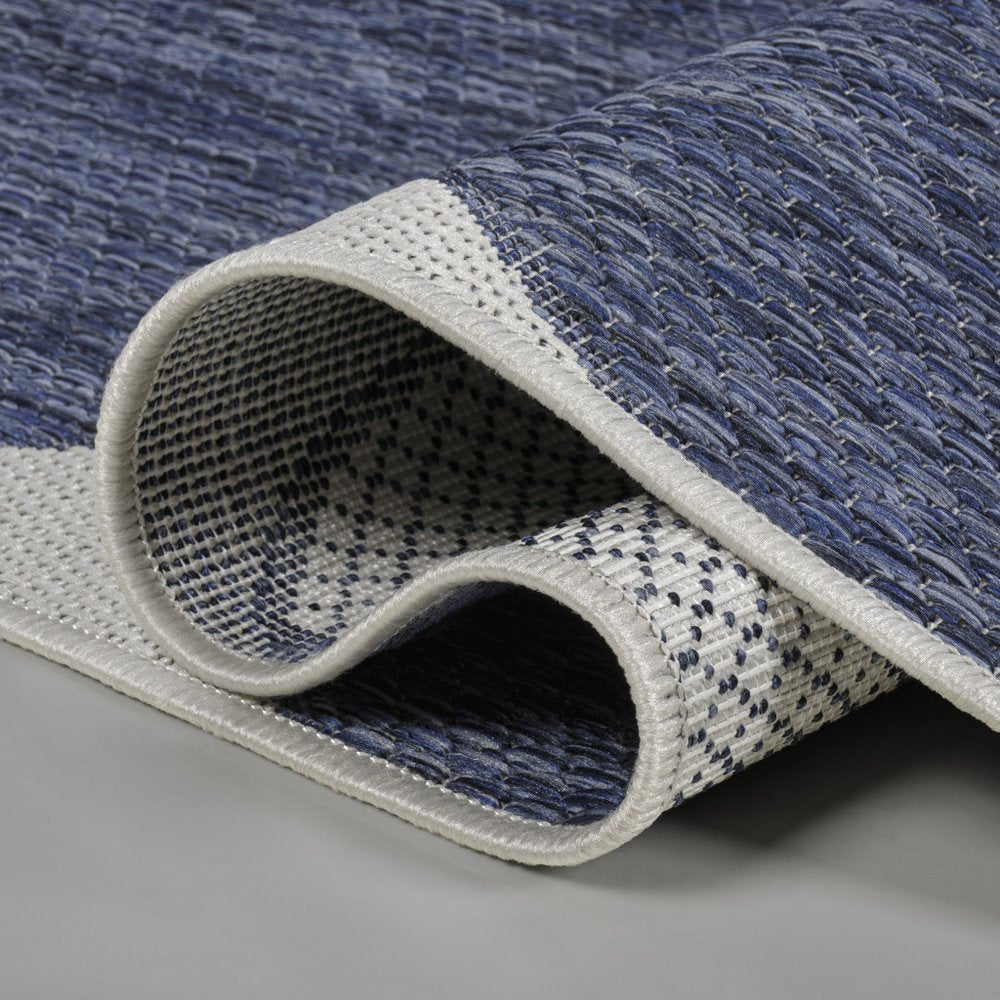 8' Navy Blue And Cream Geometric Indoor Outdoor Runner Rug — view 4