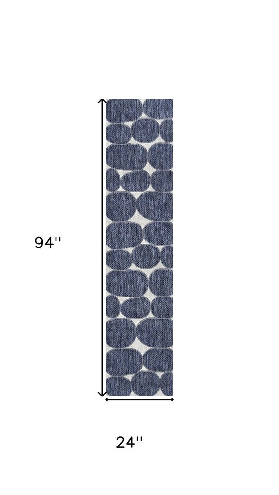 8' Navy Blue And Cream Geometric Indoor Outdoor Runner Rug