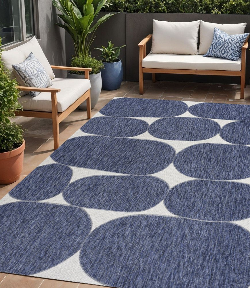 5' X 8' Navy Blue And Cream Geometric Indoor Outdoor Area Rug — view 6