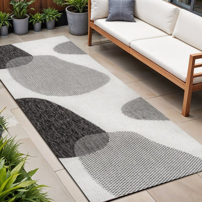 8' Cream And Black Geometric Indoor Outdoor Runner Rug HomeRoots