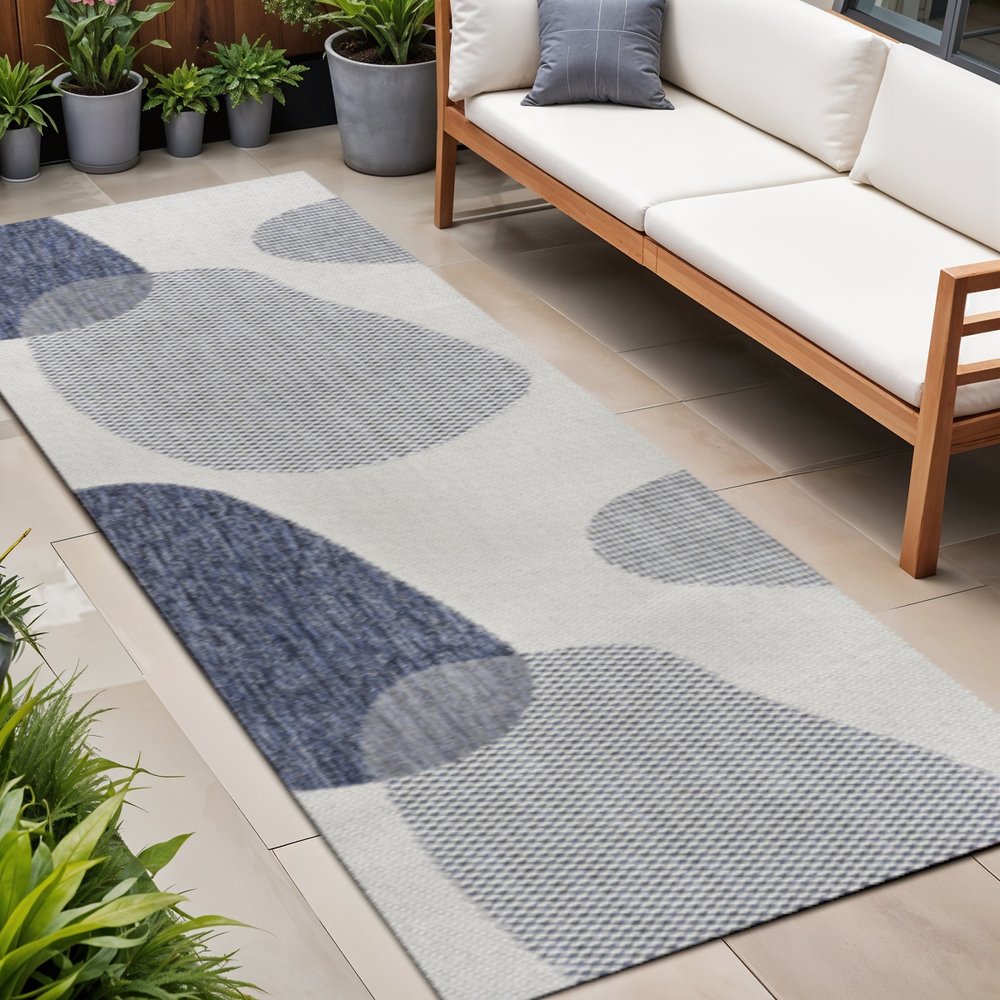 8' Cream And Navy Blue Geometric Indoor Outdoor Runner Rug — view 6