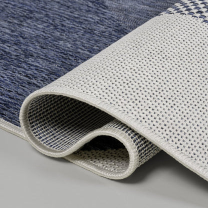 8' Cream And Navy Blue Geometric Indoor Outdoor Runner Rug HomeRoots