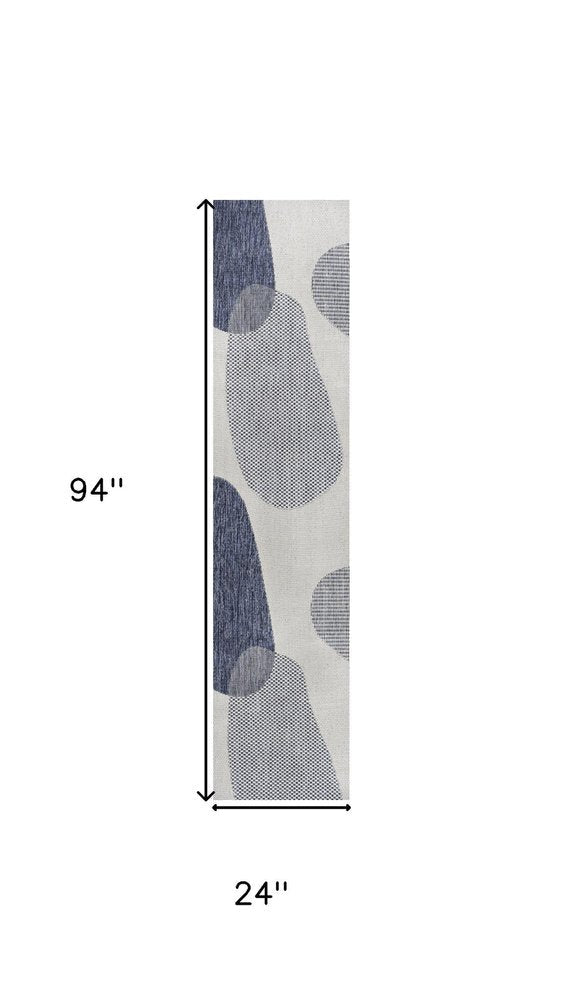 8' Cream And Navy Blue Geometric Indoor Outdoor Runner Rug HomeRoots