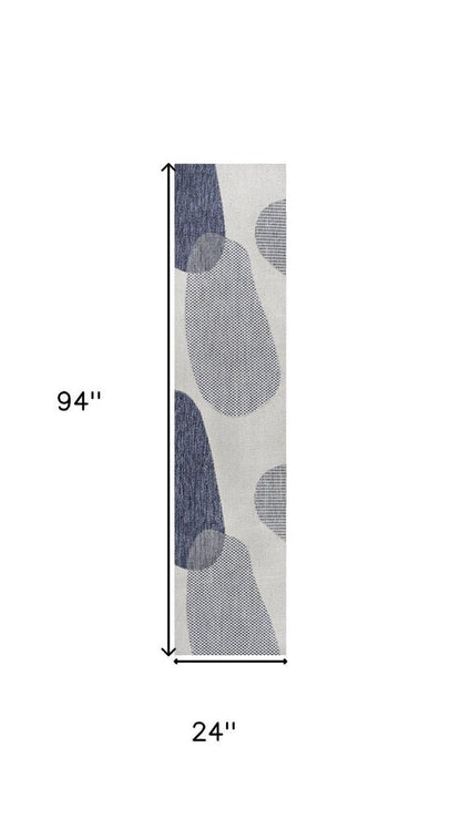 8' Cream And Navy Blue Geometric Indoor Outdoor Runner Rug HomeRoots