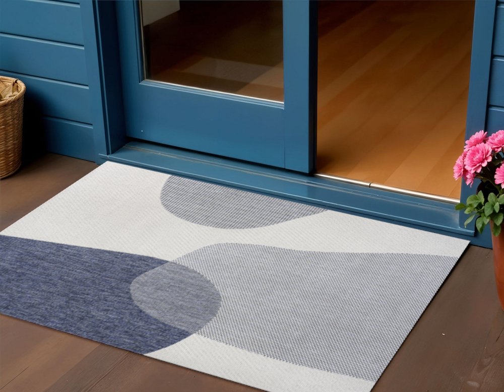 3' X 5' Cream And Navy Blue Geometric Indoor Outdoor Area Rug — view 5
