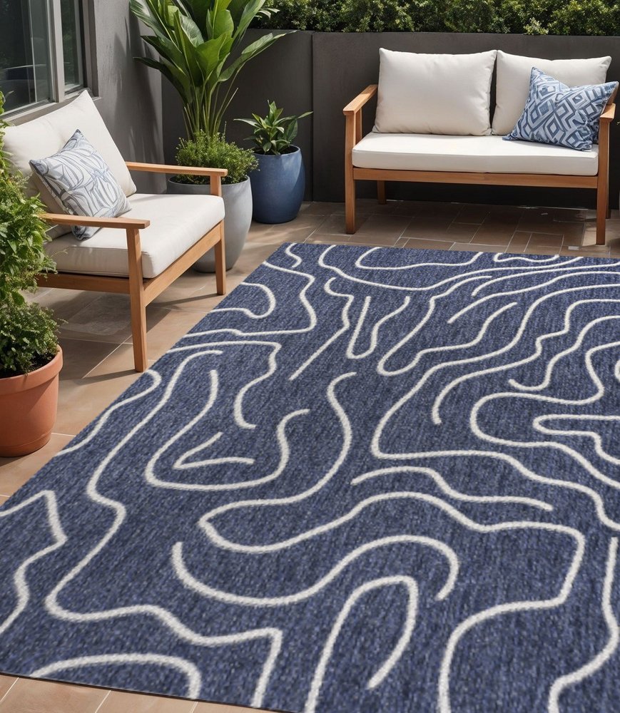 5' X 8' Navy Blue And Cream Abstract Indoor Outdoor Area Rug — view 7
