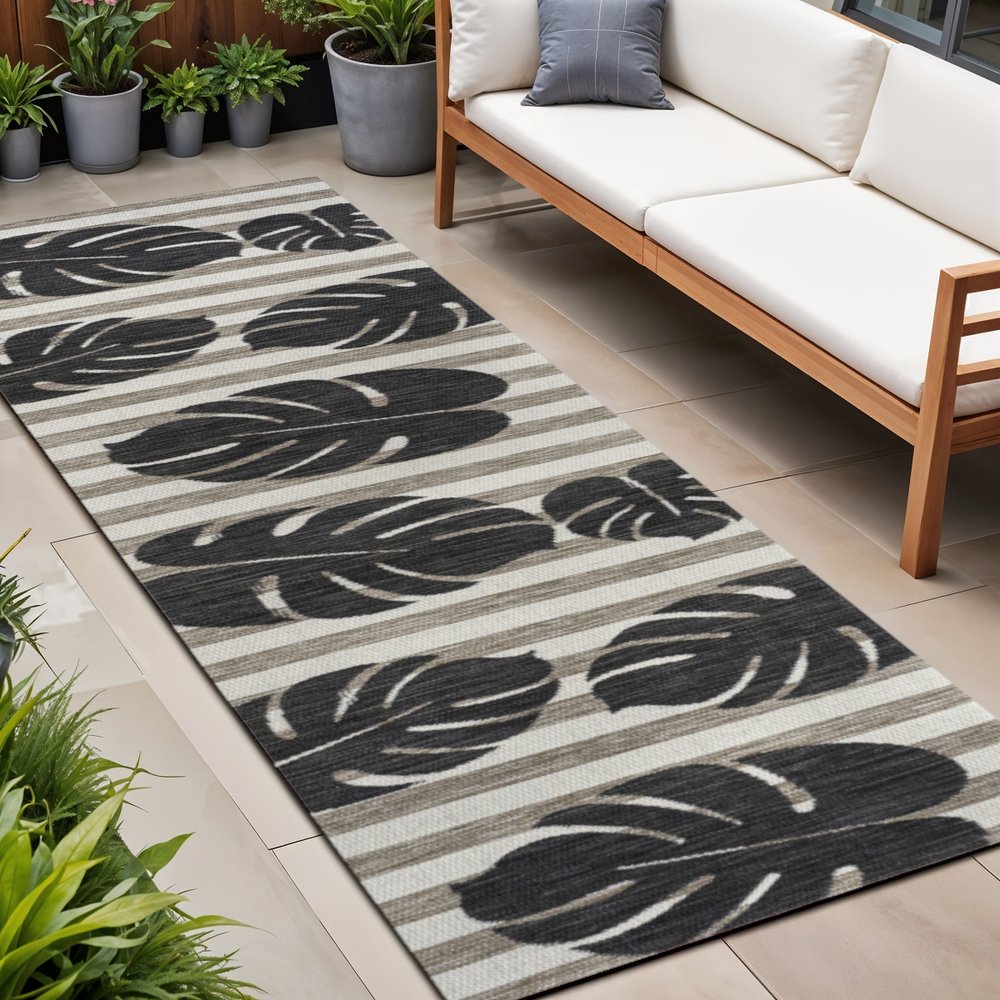 8' Black And Beige Floral Indoor Outdoor Runner Rug HomeRoots