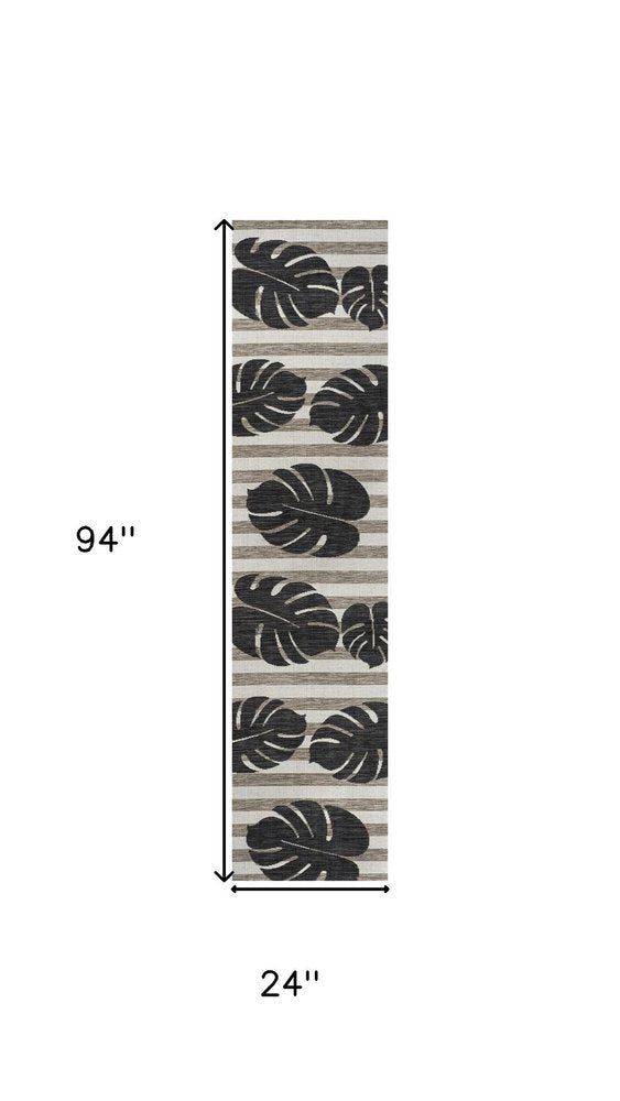 8' Black And Beige Floral Indoor Outdoor Runner Rug — view 7