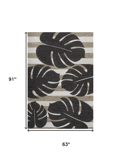 5' X 8' Black And Beige Floral Indoor Outdoor Area Rug HomeRoots
