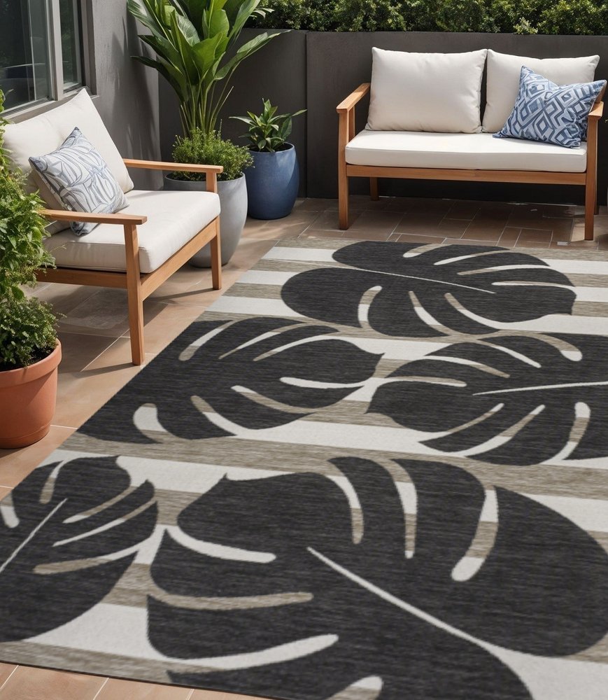 5' X 8' Black And Beige Floral Indoor Outdoor Area Rug — view 5