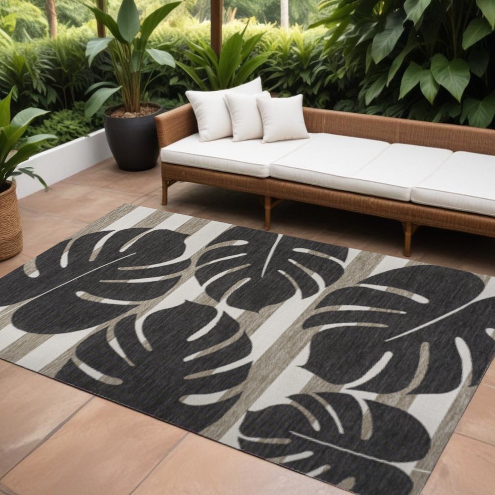 8' X 10' Black And Beige Floral Indoor Outdoor Area Rug HomeRoots