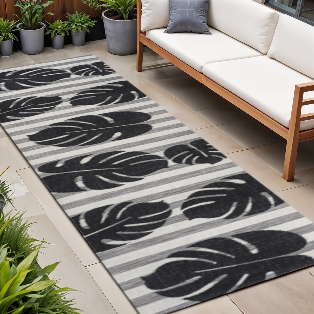 8' Black And Gray Floral Indoor Outdoor Runner Rug HomeRoots