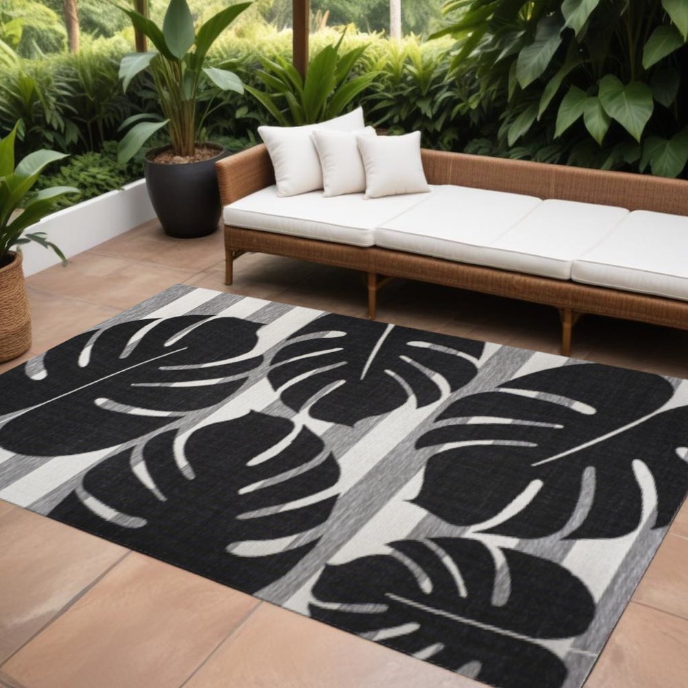8' X 10' Black And Gray Floral Indoor Outdoor Area Rug — view 6