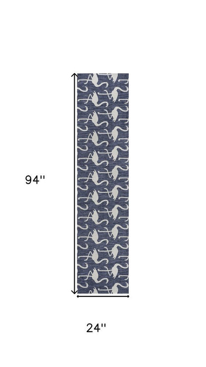 8' Navy Blue And White Animal Print Indoor Outdoor Runner Rug