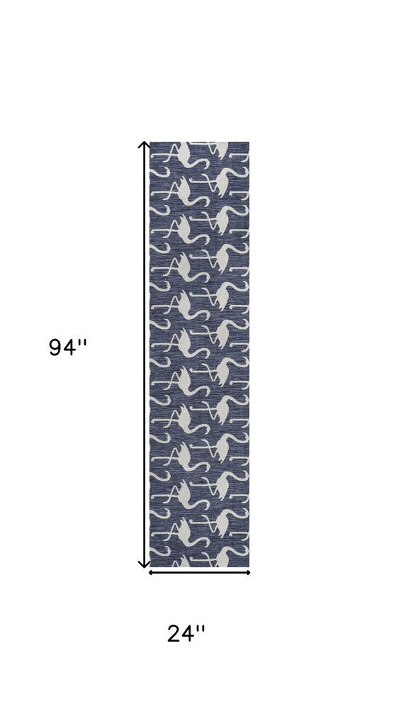 8' Navy Blue And White Animal Print Indoor Outdoor Runner Rug — view 4