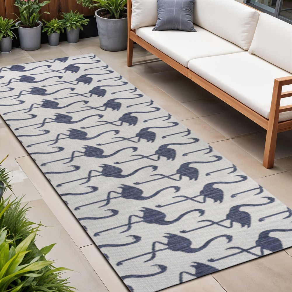 8' White And Navy Blue Animal Print Indoor Outdoor Runner Rug — view 7