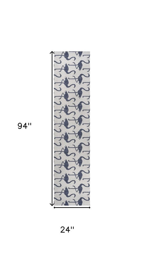 8' White And Navy Blue Animal Print Indoor Outdoor Runner Rug — view 6