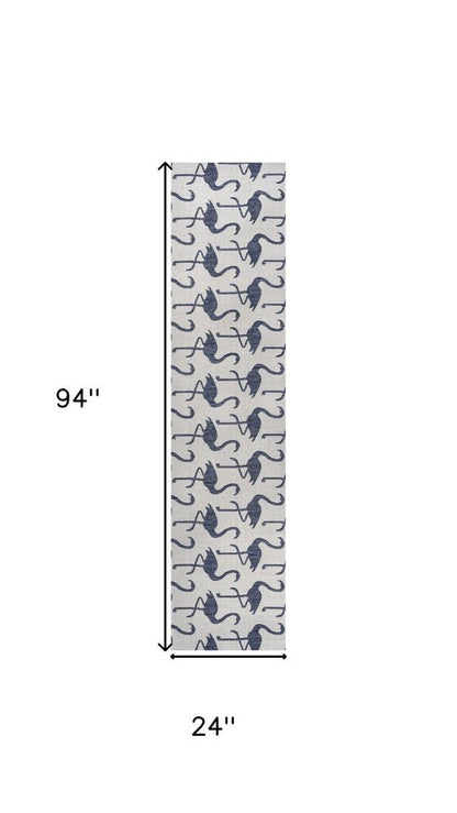 8' White And Navy Blue Animal Print Indoor Outdoor Runner Rug HomeRoots
