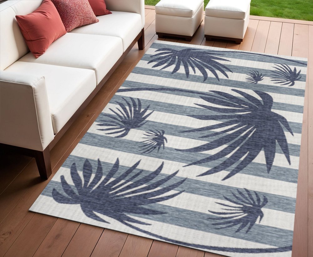 4' X 6' Navy Blue And Cream Floral Indoor Outdoor Area Rug — view 5