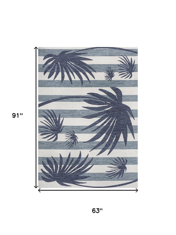 5' X 8' Navy Blue And Cream Floral Indoor Outdoor Area Rug HomeRoots