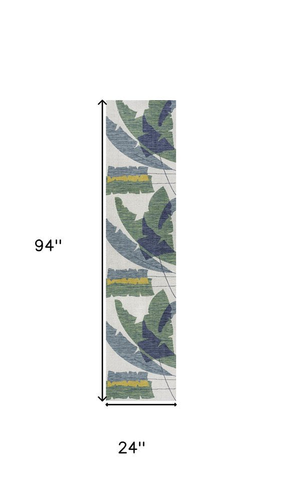 8' Green And Cream Abstract Indoor Outdoor Runner Rug — view 6