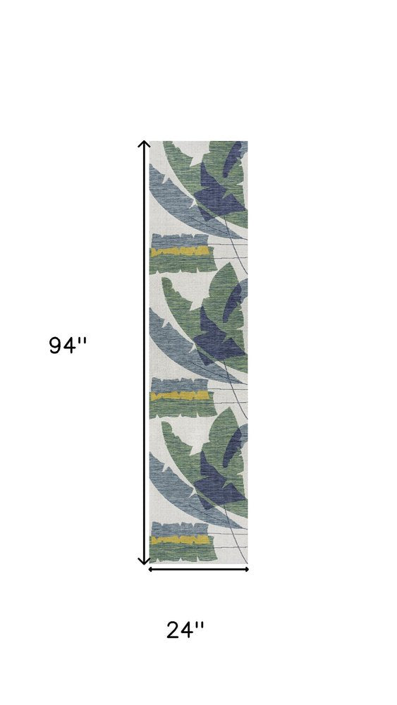 8' Green And Cream Abstract Indoor Outdoor Runner Rug — view 6