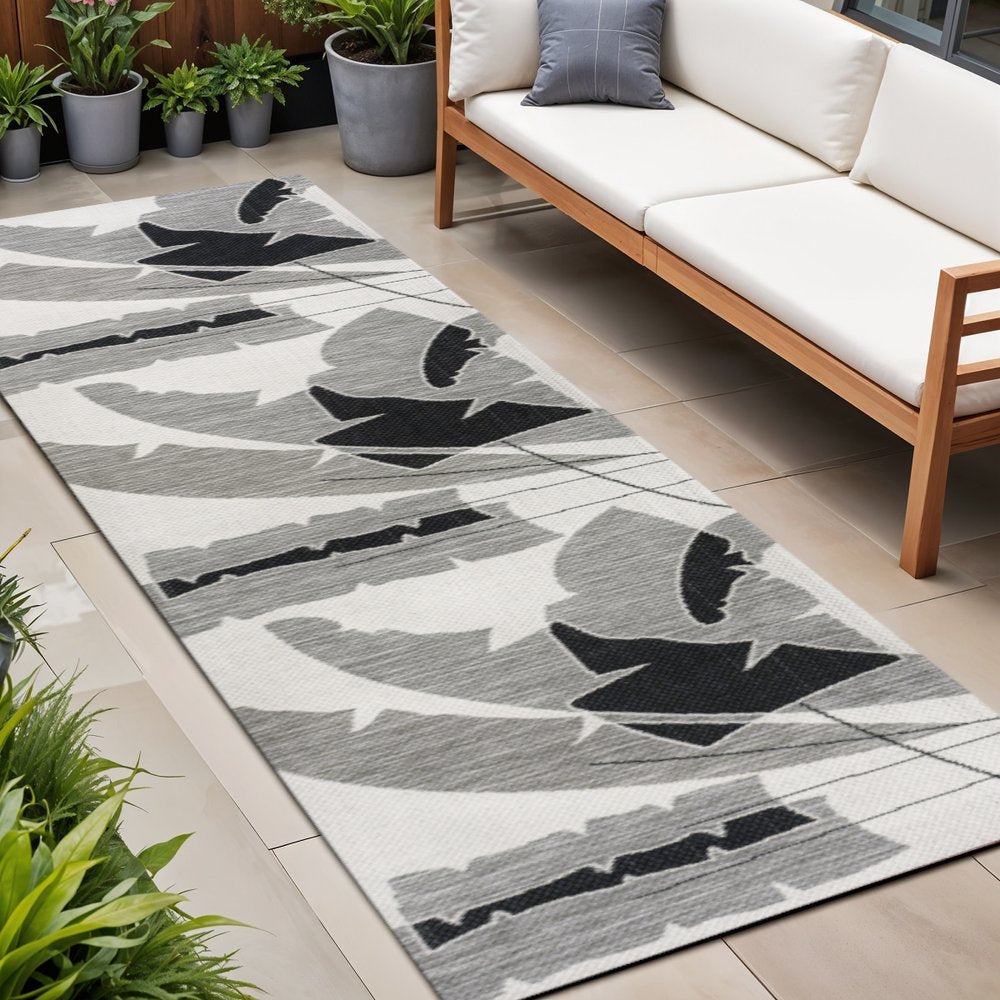 8' Gray And Cream Abstract Indoor Outdoor Runner Rug — view 6