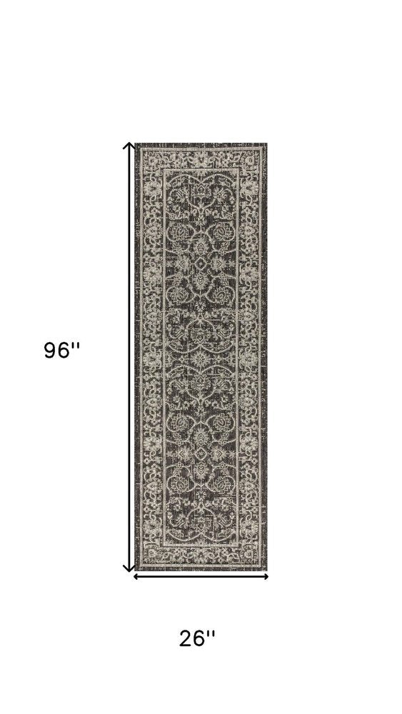 8' Black And Gray Medallion Indoor Outdoor Runner Rug