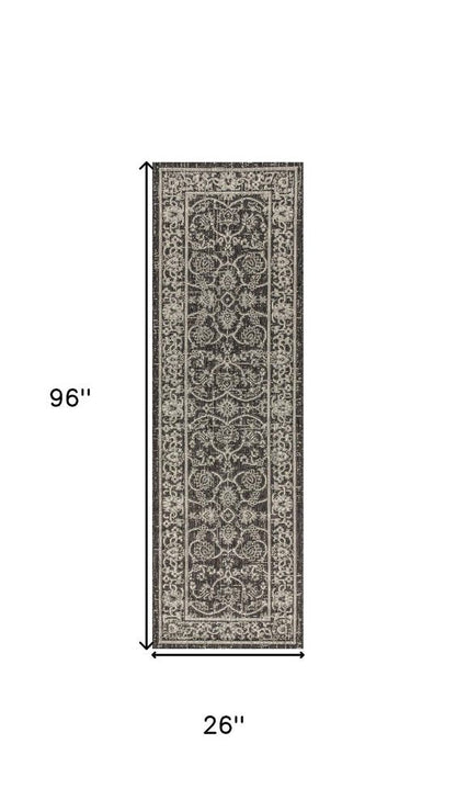 8' Black And Gray Medallion Indoor Outdoor Runner Rug HomeRoots