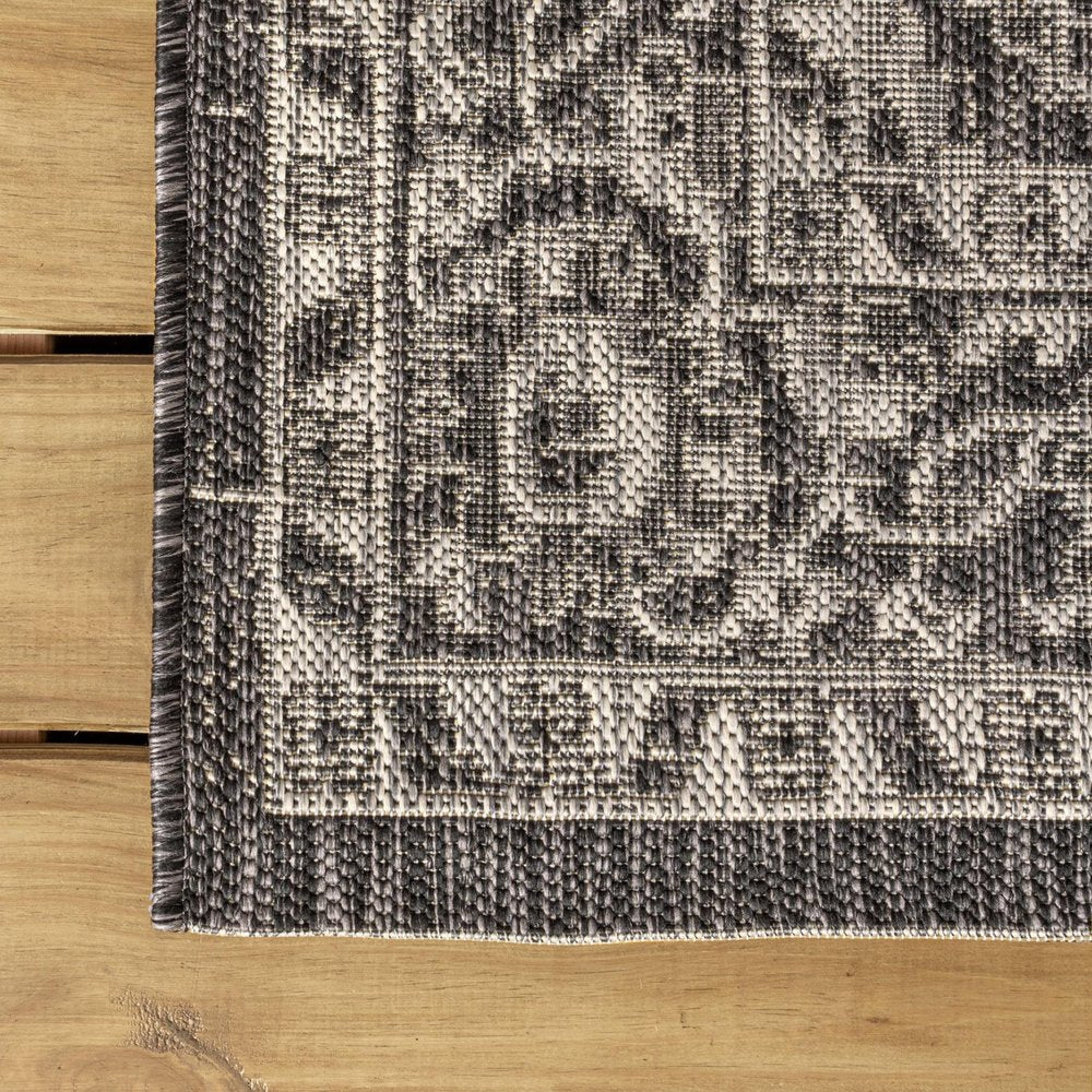 8' Black And Gray Medallion Indoor Outdoor Runner Rug