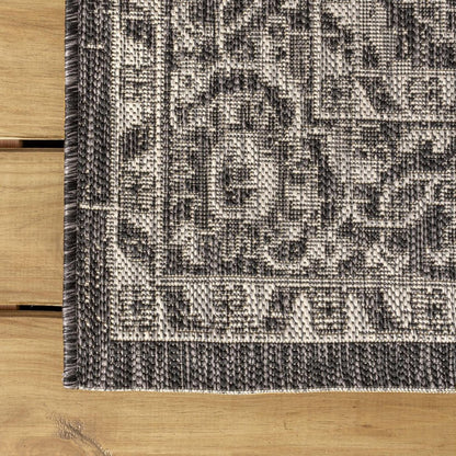 8' Black And Gray Medallion Indoor Outdoor Runner Rug HomeRoots