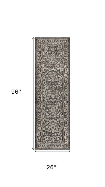 8' Black And Gray Medallion Indoor Outdoor Runner Rug
