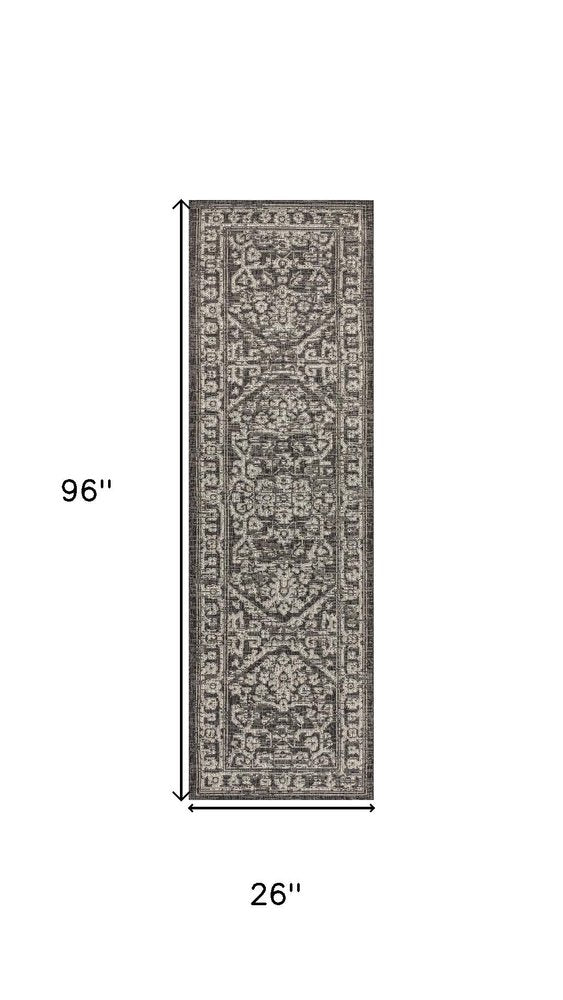 8' Black And Gray Medallion Indoor Outdoor Runner Rug HomeRoots