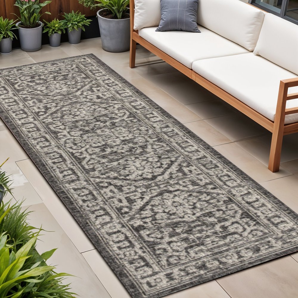 8' Black And Gray Medallion Indoor Outdoor Runner Rug HomeRoots