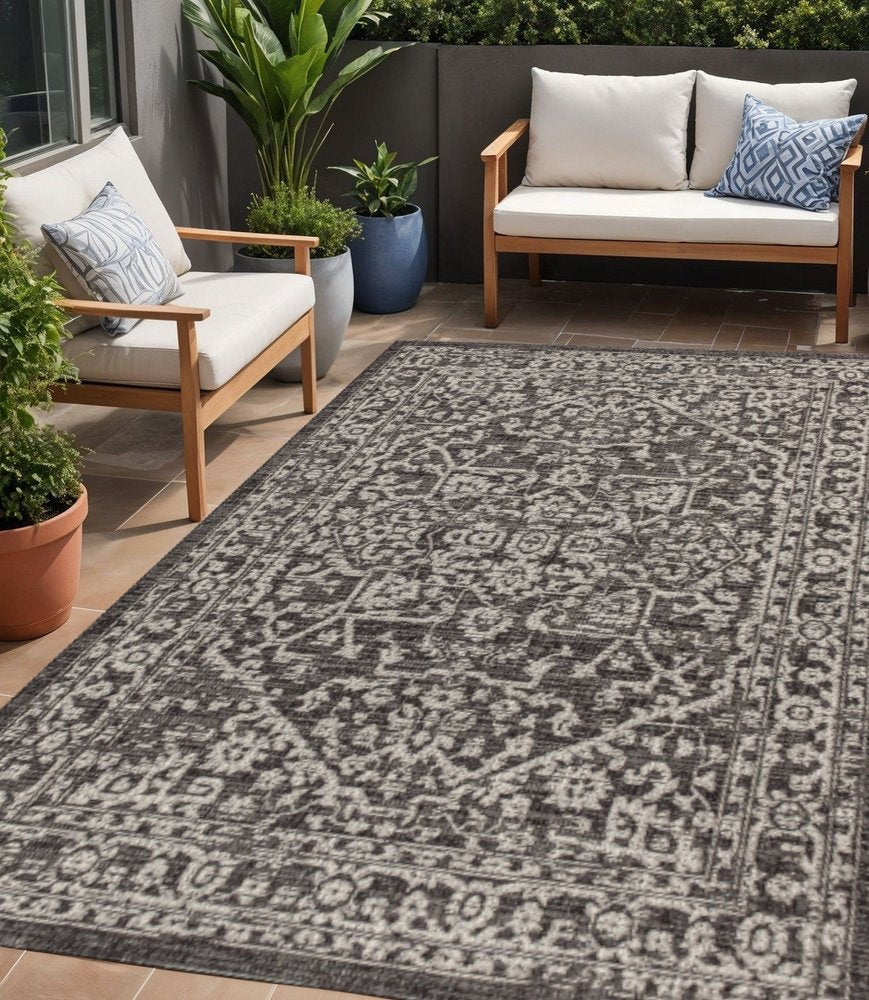 5' X 8' Black And Gray Medallion Indoor Outdoor Area Rug HomeRoots