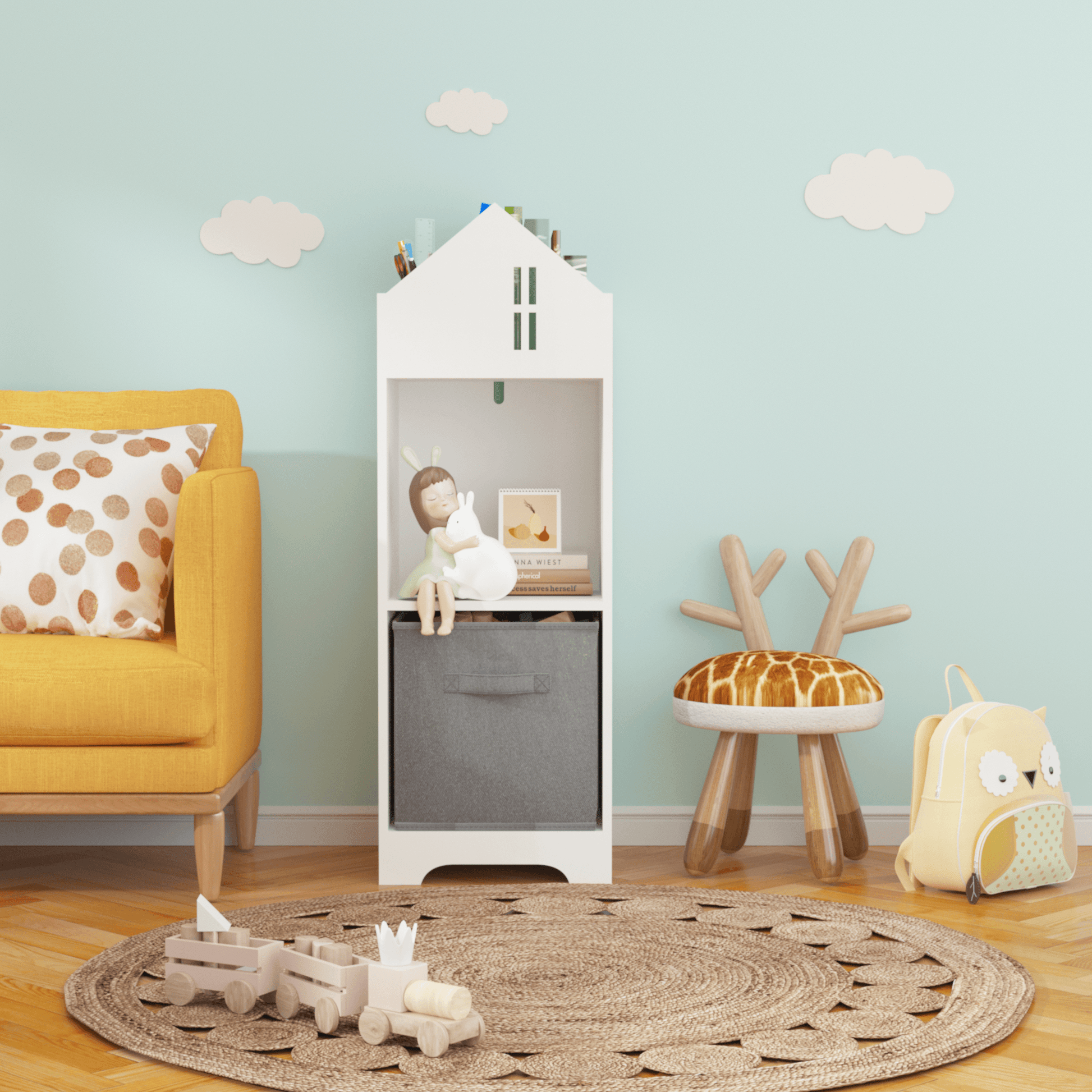 Kids Dollhouse Bookcase with Storage 2-Tier Storage Display Organizer Toddler Bookshelf (White/Gray) - FurniFindUSA