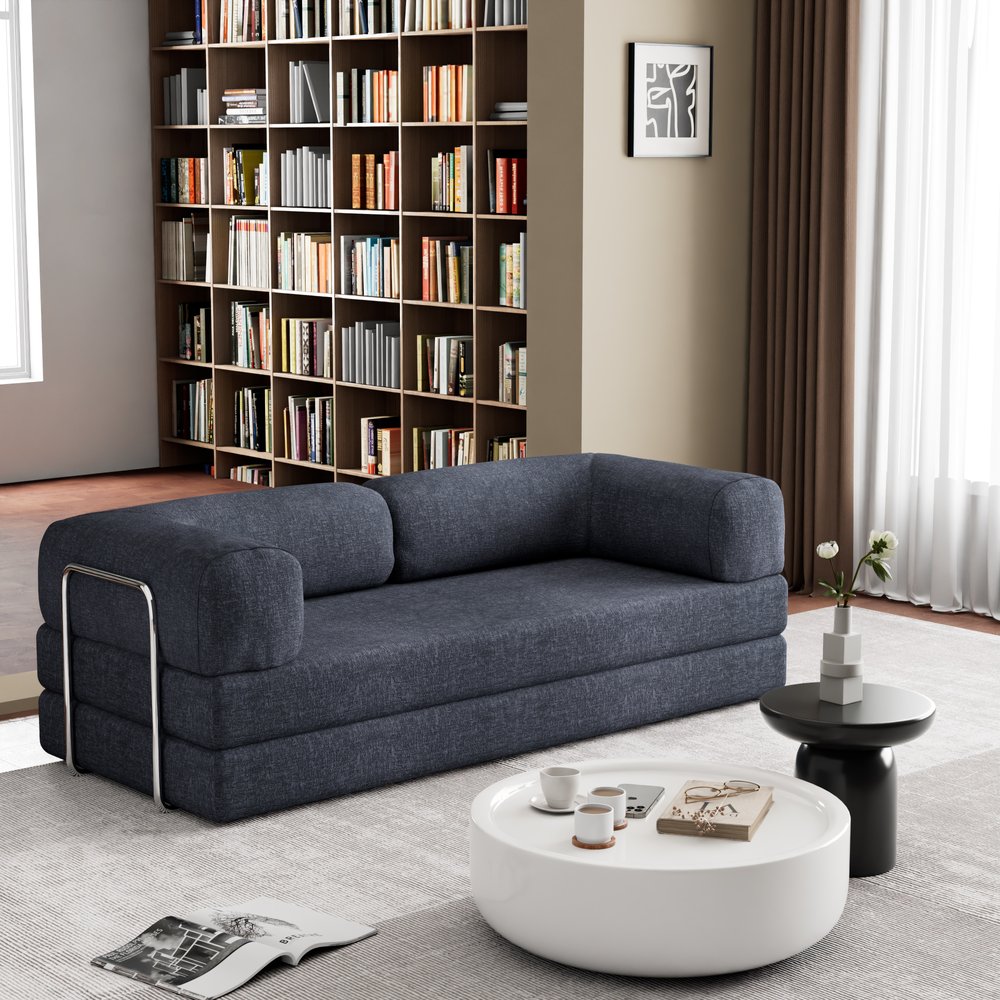 82" Blue Chenille Convertible Futon Sleeper Sofa HomeRoots