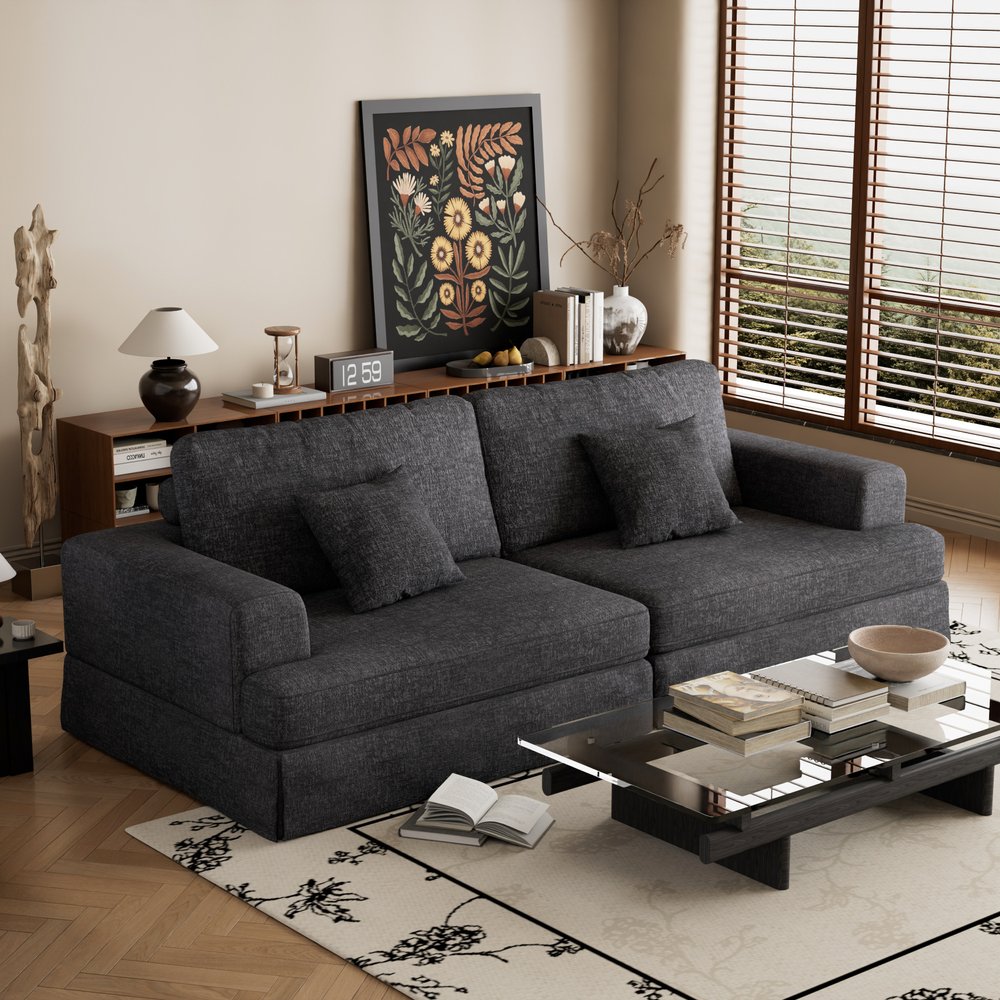 94" Gray Chenille Modular Stainless Steel Sleeper Sofa With Toss Pillows HomeRoots