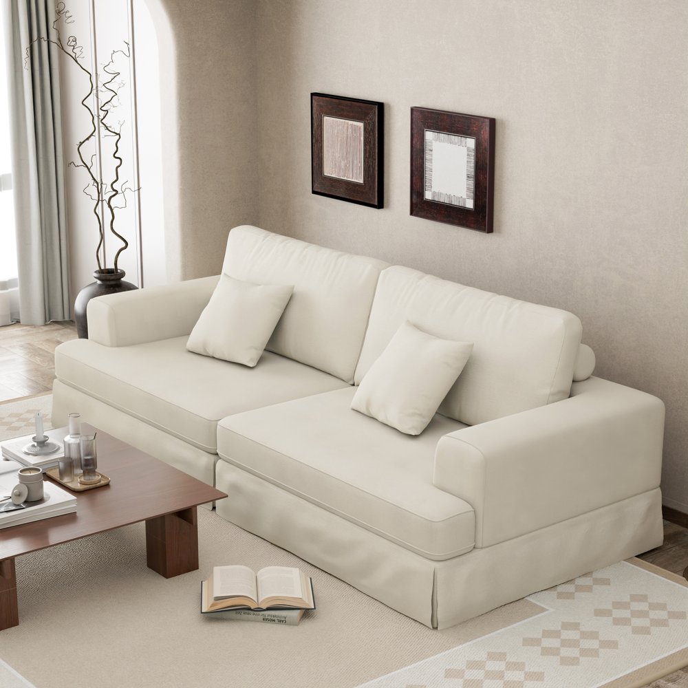 94" White Chenille Modular Stainless Steel Sleeper Sofa With Toss Pillows HomeRoots