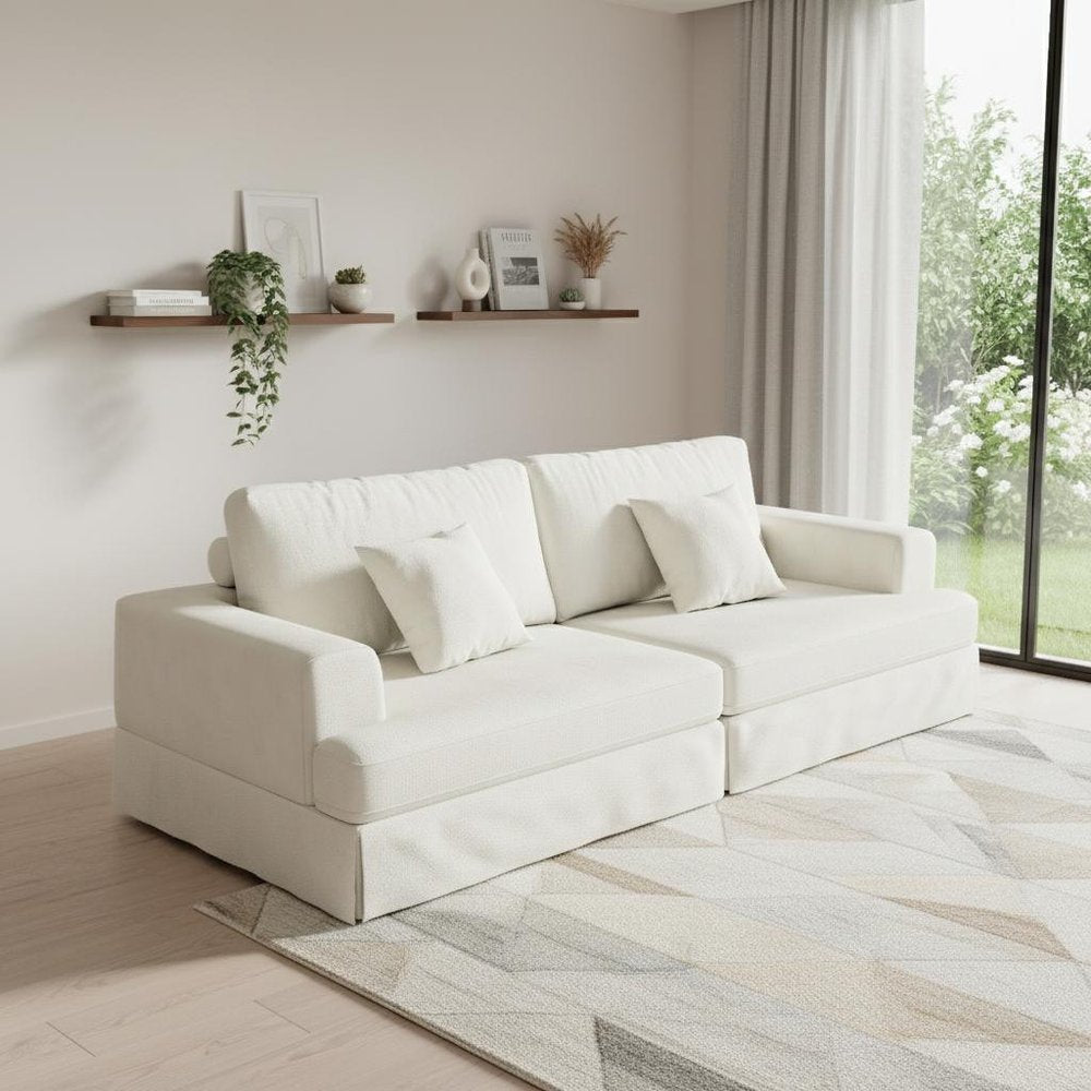 94" White Chenille Modular Stainless Steel Sleeper Sofa With Toss Pillows HomeRoots