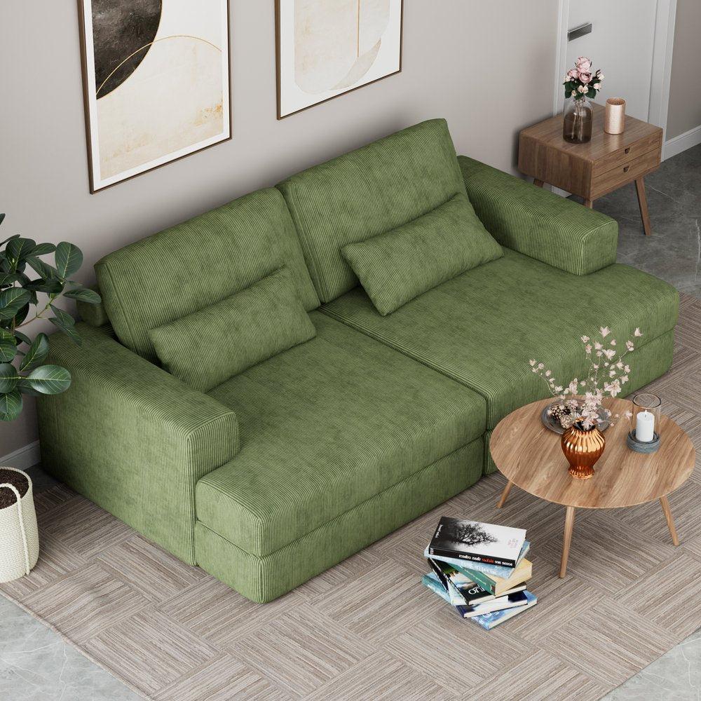 93" Green Corduroy Modular Stainless Steel Sleeper Sofa With Toss Pillows HomeRoots