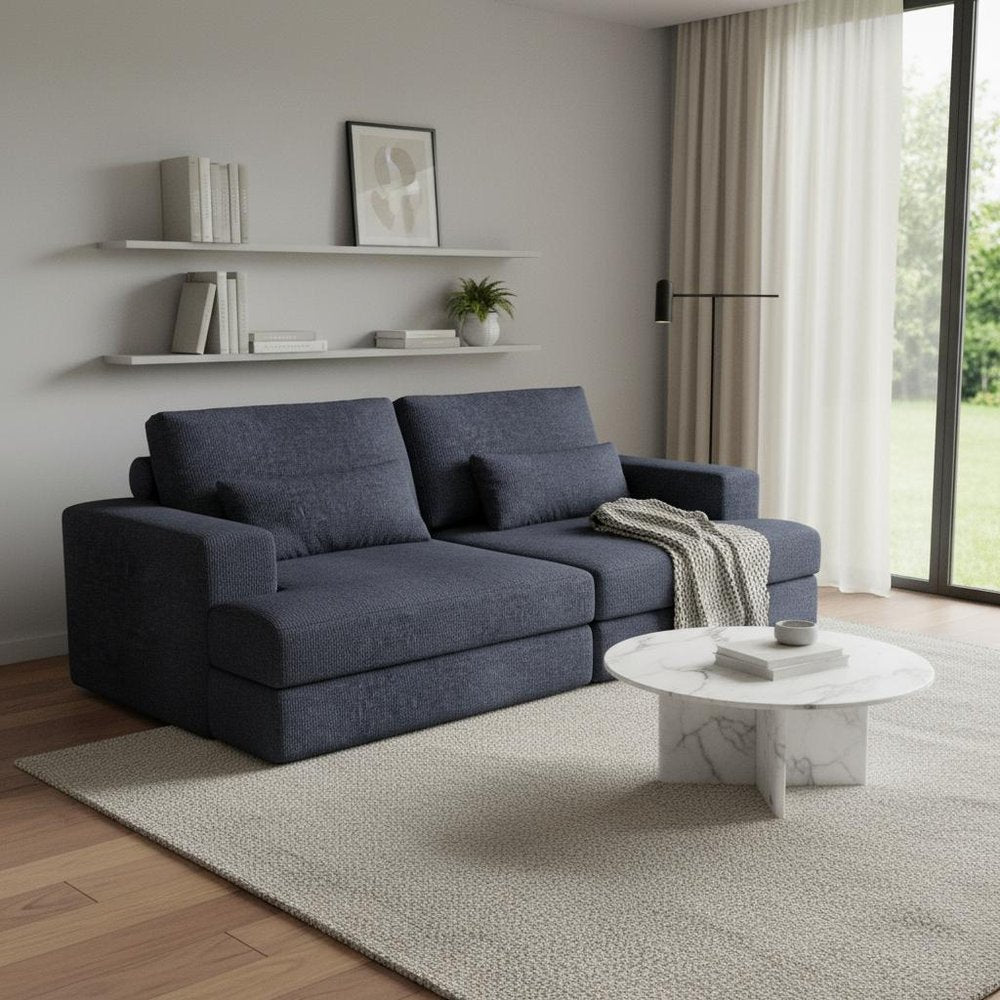 93" Blue Chenille Modular Stainless Steel Sleeper Sofa With Toss Pillows HomeRoots