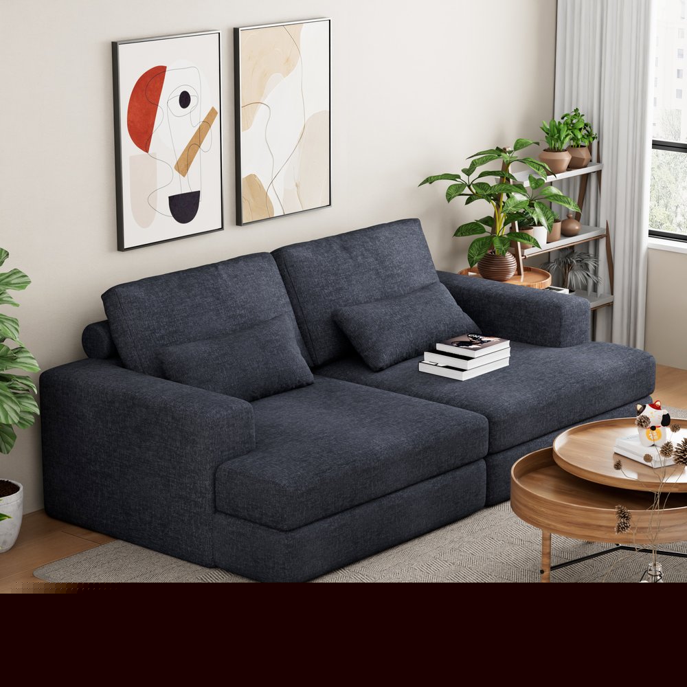 93" Blue Chenille Modular Stainless Steel Sleeper Sofa With Toss Pillows HomeRoots